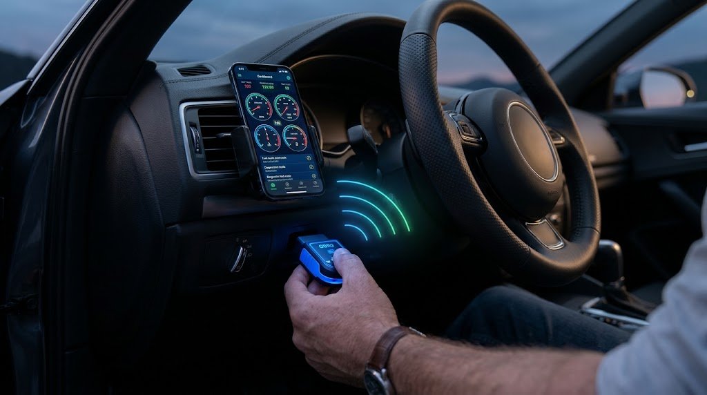 OBD2 Bluetooth vs Wi-Fi adapters connected to a smartphone displaying live car diagnostic data