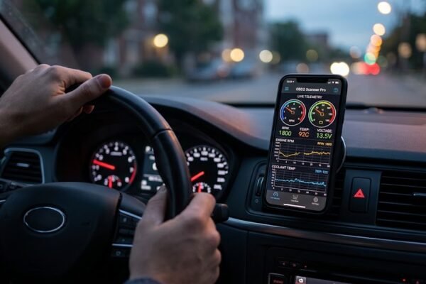 A driver monitoring OBD2 live data on a smartphone mounted inside a modern car