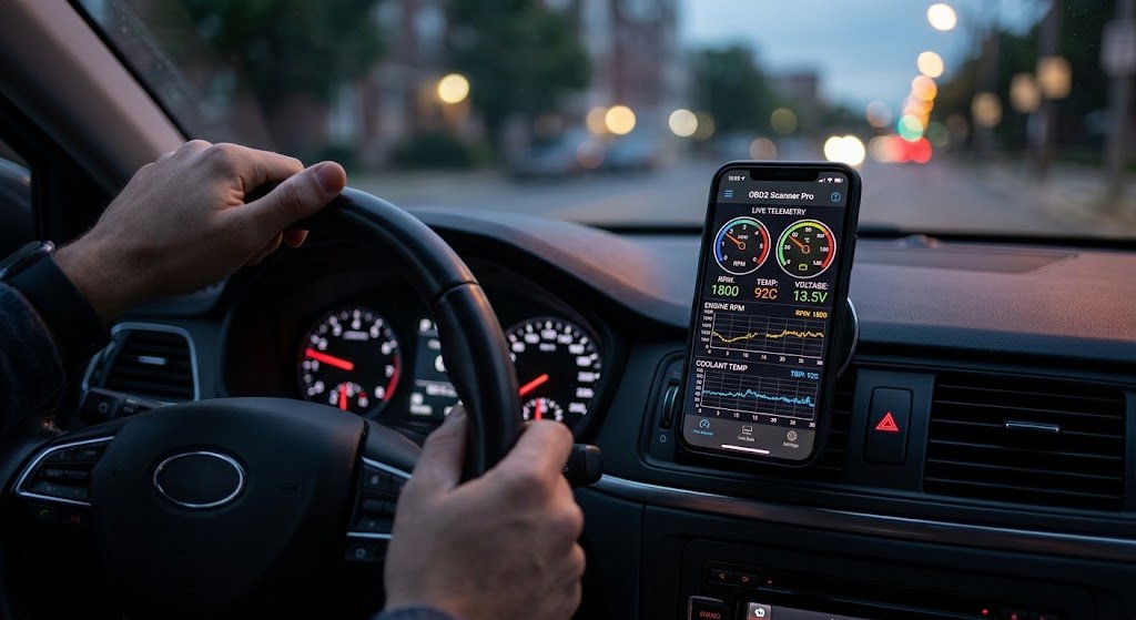 A driver monitoring OBD2 live data on a smartphone mounted inside a modern car