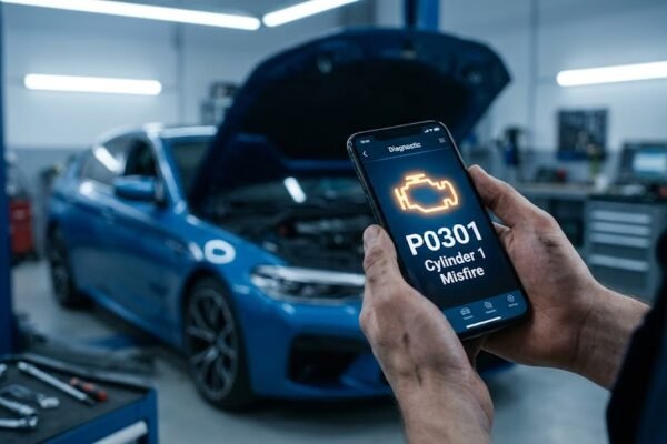 A mechanic looking at OBD2 trouble codes displayed on a smartphone diagnostic app in a well-lit garage.