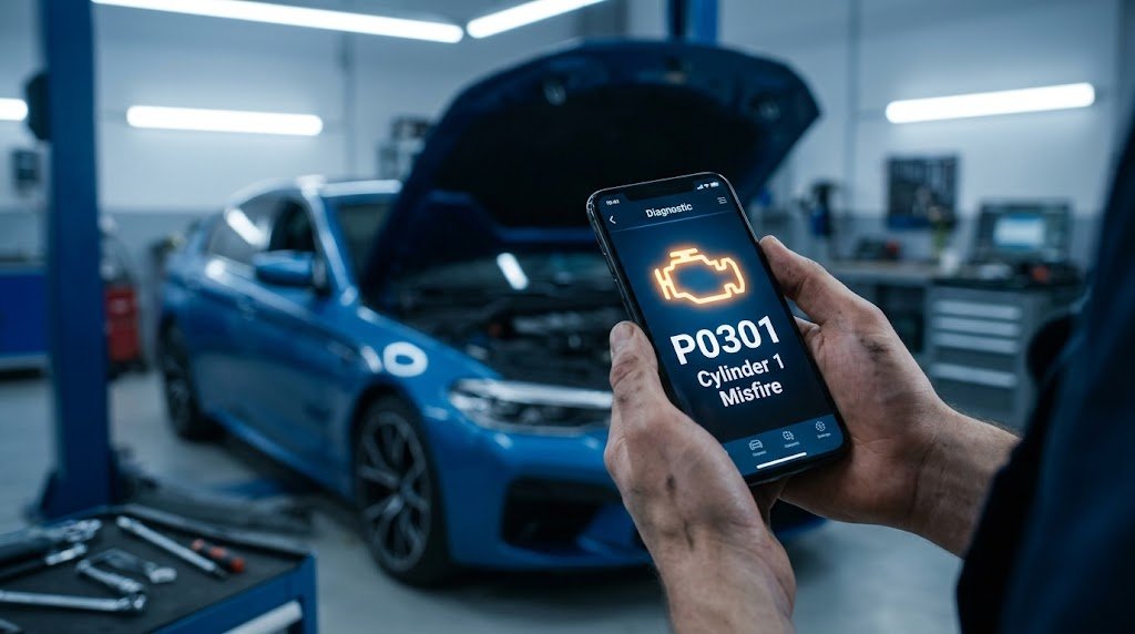 A mechanic looking at OBD2 trouble codes displayed on a smartphone diagnostic app in a well-lit garage.
