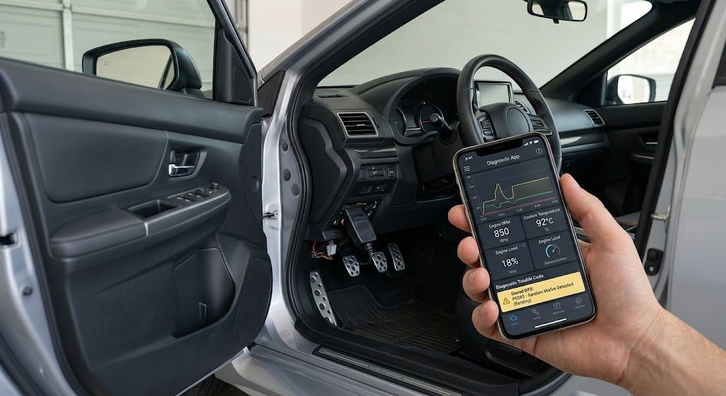 OBD2 engine diagnostics using a smartphone and OBD2 adapter to detect engine problems