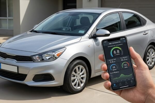 OBD2 fuel monitoring app showing vehicle fuel efficiency data