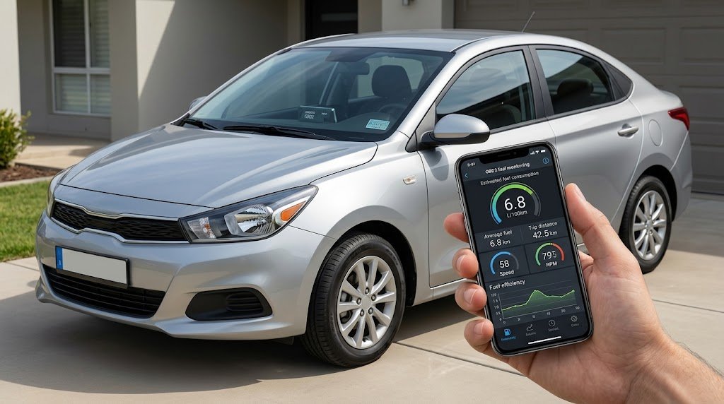 OBD2 fuel monitoring app showing vehicle fuel efficiency data