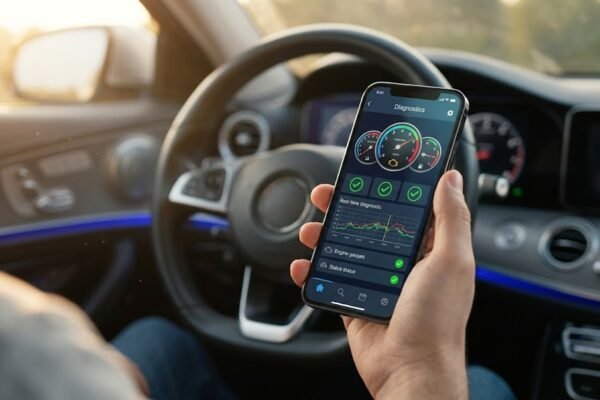 A driver using OBD2 scanner apps on a smartphone in a modern car interior