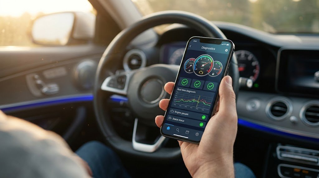 A driver using OBD2 scanner apps on a smartphone in a modern car interior