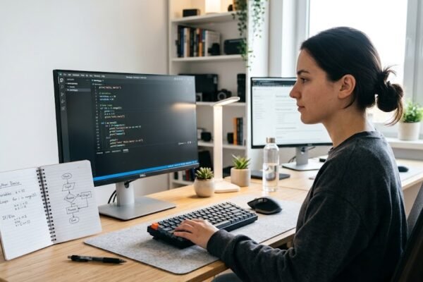 Beginner learning programming with code displayed on a computer