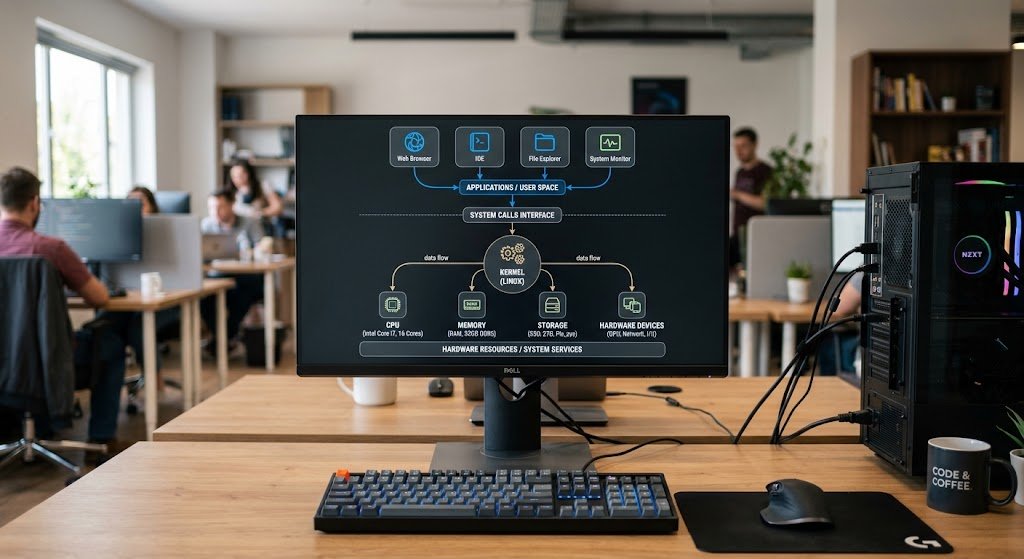 Operating system architecture connecting software and hardware components