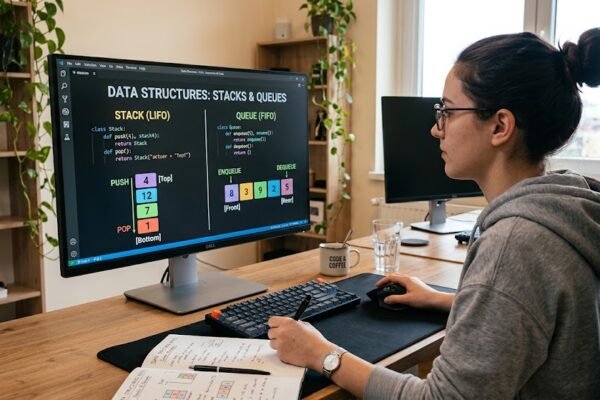 Programmer learning stacks and queues in software development