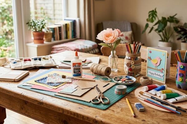 DIY crafts materials and handmade projects on a home crafting table