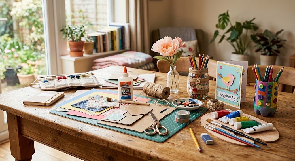 DIY crafts materials and handmade projects on a home crafting table