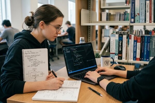 Beginner learning algorithms and programming logic with pseudocode and flowcharts