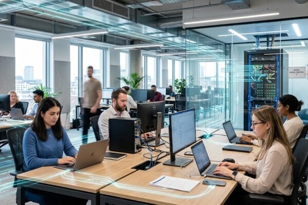 Client-server computing network connecting multiple devices to centralized servers