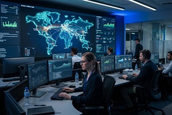 Cybersecurity professionals monitoring a global digital network