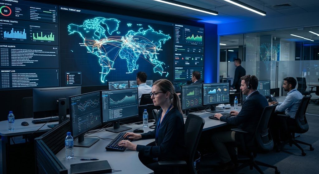 Cybersecurity professionals monitoring a global digital network