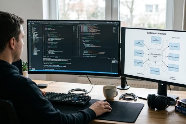 Programmer working on software architecture with abstraction and modular code