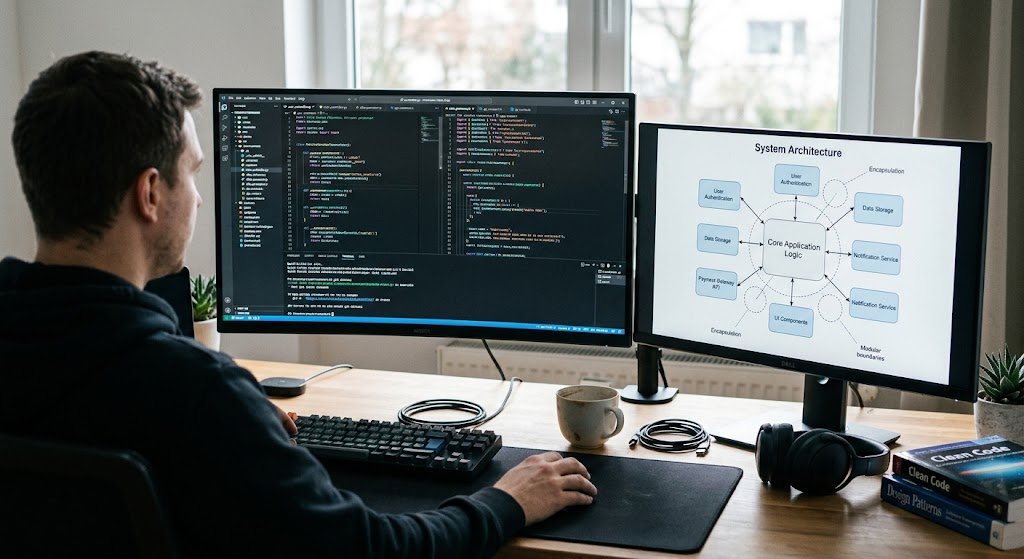 Abstraction, Encapsulation and Modularity in Programming Languages Explained 1 Programmer working on software architecture with abstraction and modular code