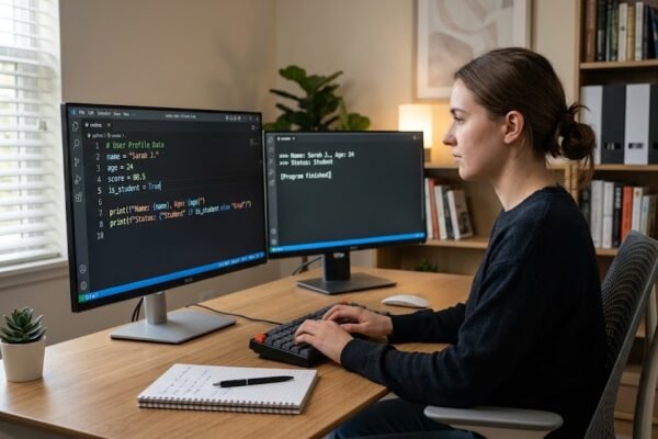 Beginner programmer learning programming fundamentals at a computer workstation
