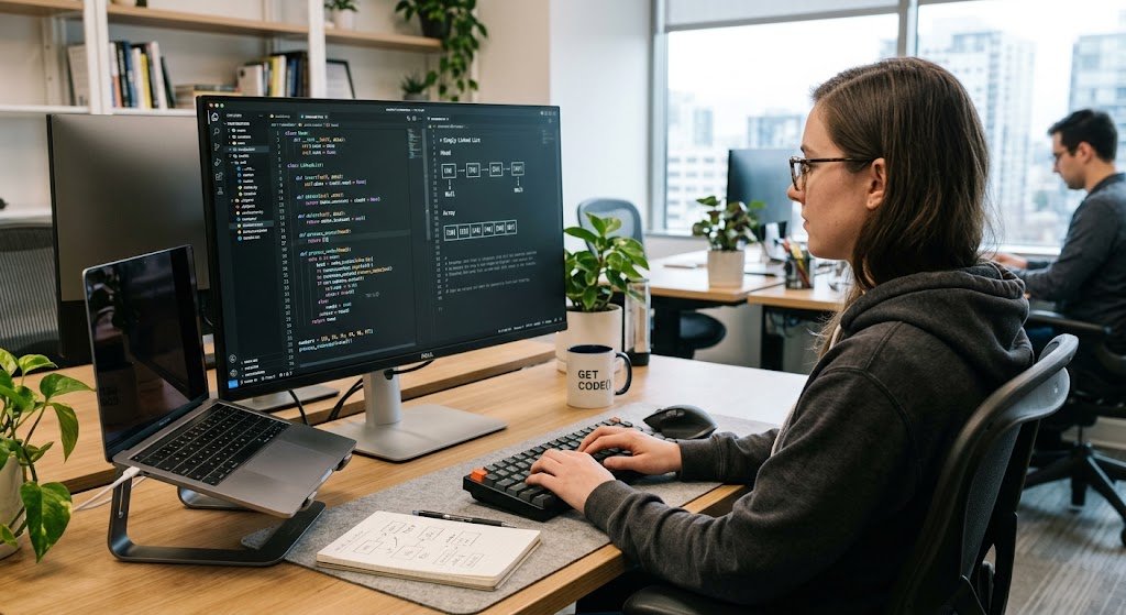 Software developer working with data structures and programming code