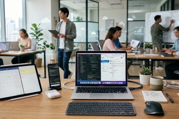 Computers and digital technologies connecting everyday life and modern society