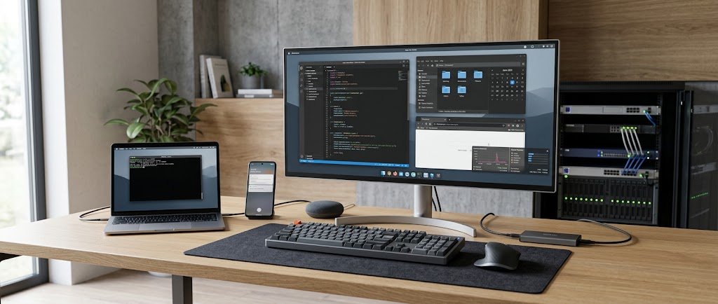 Modern computer system showing an operating system managing hardware, software, and digital devices