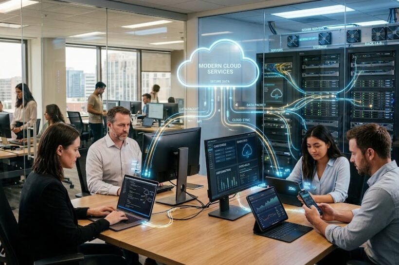 Cloud computing infrastructure connecting devices to data center servers