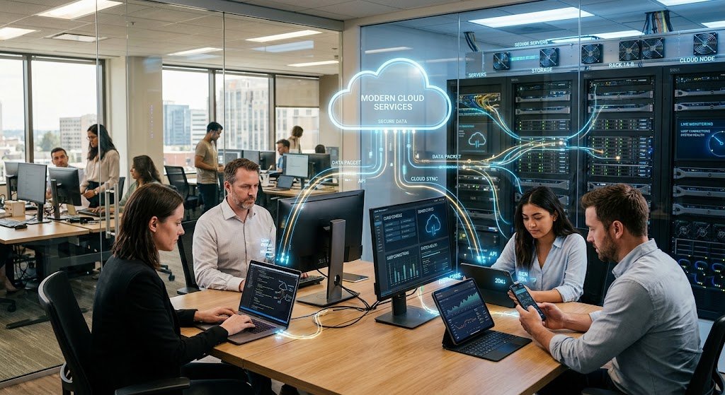 Cloud computing infrastructure connecting devices to data center servers