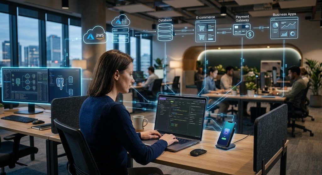 APIs connecting applications, cloud services, databases, and digital systems in net-centric computing