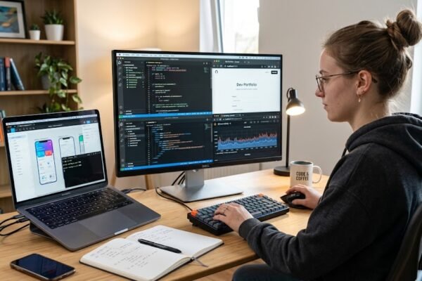 Programmer building practical projects with computer programming