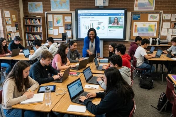Students using digital technology in a modern classroom