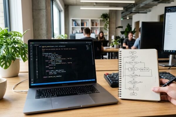Programming control structures and functions on a developer laptop