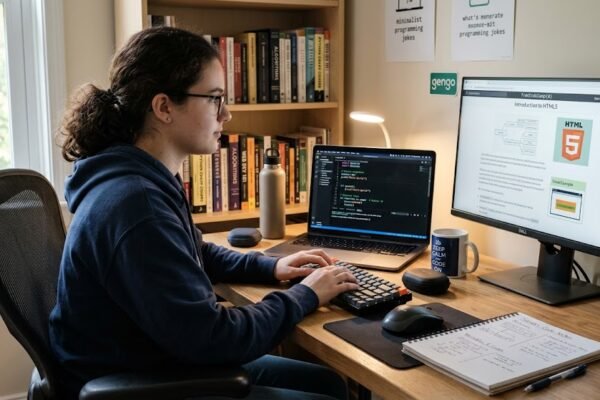 Beginner learning programming languages on a laptop