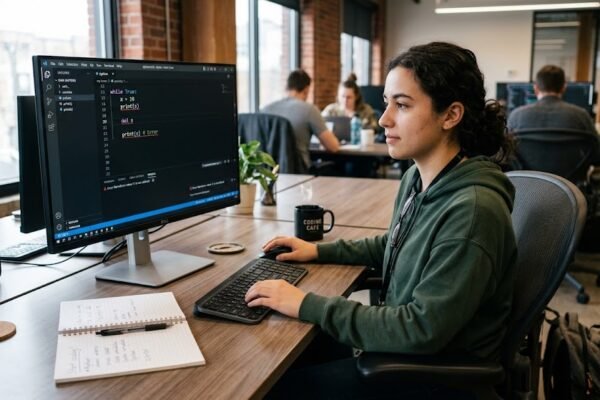 Beginner programmer identifying common coding errors on a computer