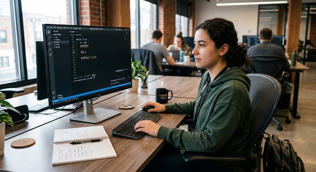 Common Programming Errors Beginners Make and How to Fix Them 7 Beginner programmer identifying common coding errors on a computer