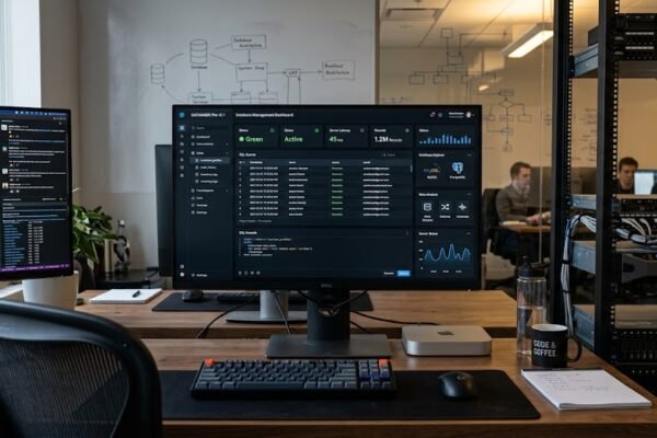 Database Management System dashboard showing organized data and database servers