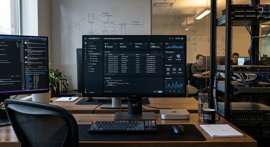 Database Management System dashboard showing organized data and database servers