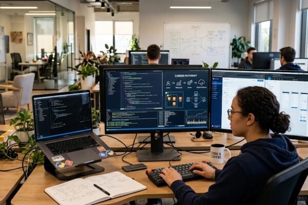 Software engineer building coding skills and advancing through a professional software engineering career path