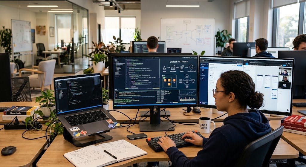 Software engineer building coding skills and advancing through a professional software engineering career path