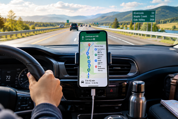 GPS navigation for road trips displayed on a smartphone while driving on a long-distance highway