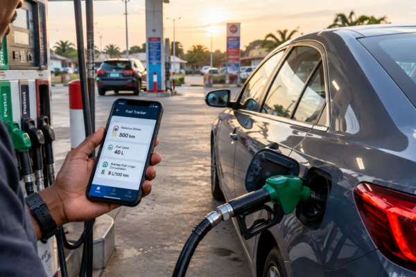 Car fuel consumption calculation at a fuel station using fuel and distance records