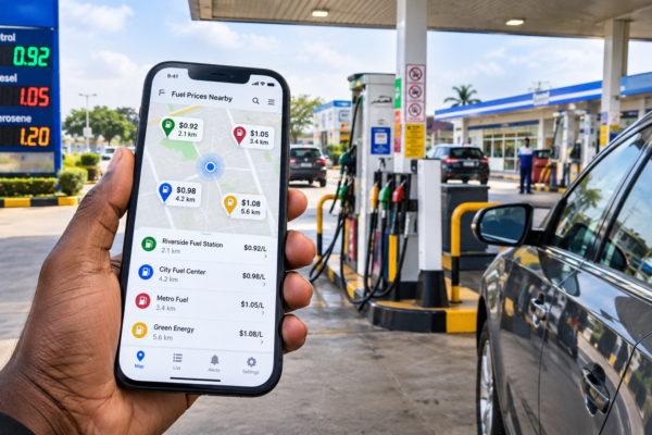 Cheap fuel prices shown on a fuel comparison app near a filling station