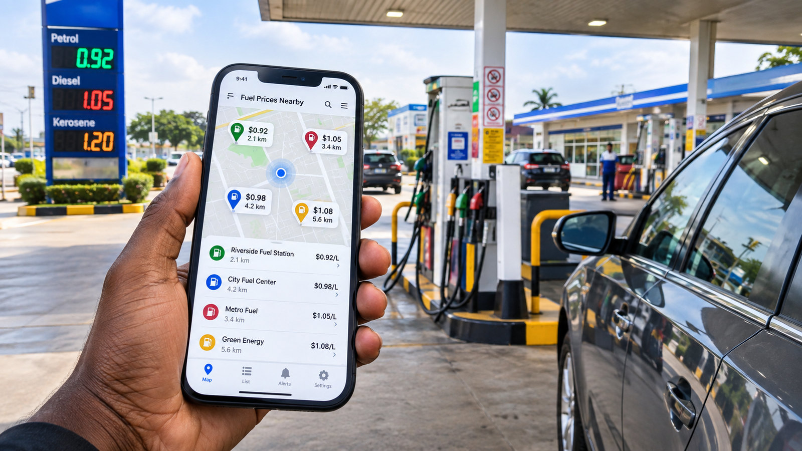 Cheap fuel prices shown on a fuel comparison app near a filling station
