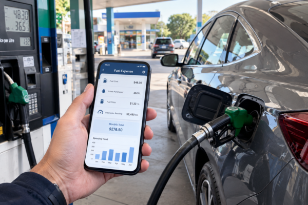 Car fuel expenses tracked on a smartphone at a petrol station