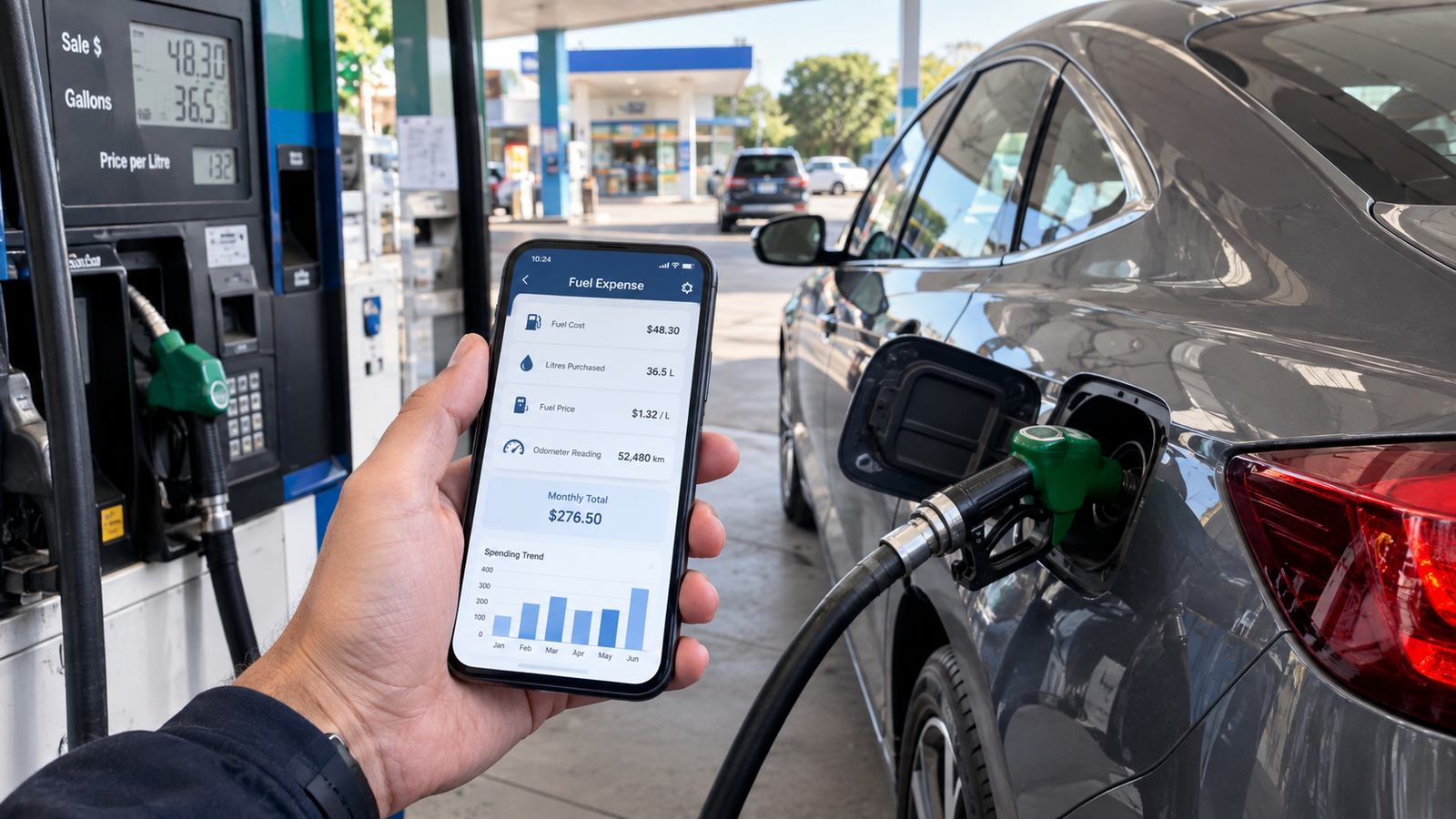How to Track Your Car’s Fuel Expenses With a Smartphone 5 Car fuel expenses tracked on a smartphone at a petrol station