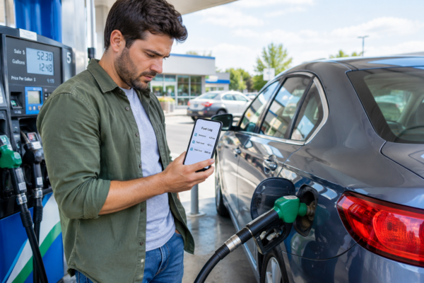 Car using too much fuel being checked at a fuel station