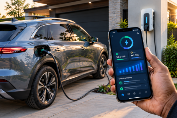 EV charging cost tracking with a smartphone app showing electricity usage and charging expenses beside an electric car charging at home.