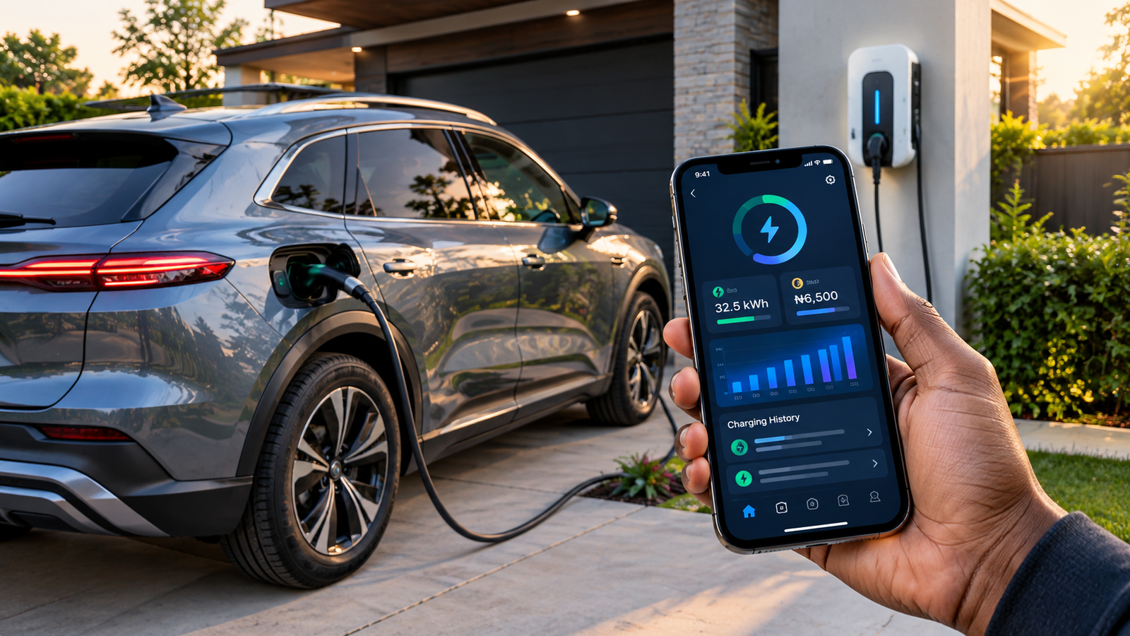 EV charging cost tracking with a smartphone app showing electricity usage and charging expenses beside an electric car charging at home.