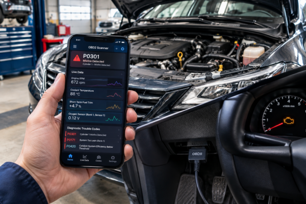 OBD2 scanner app diagnosing common car problems and reading diagnostic trouble codes