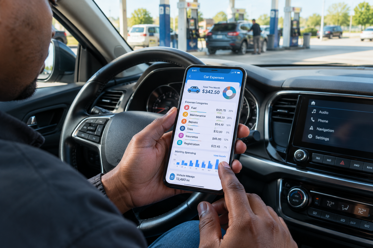 Car expense tracking apps helping a driver monitor fuel, repairs, maintenance, and vehicle costs