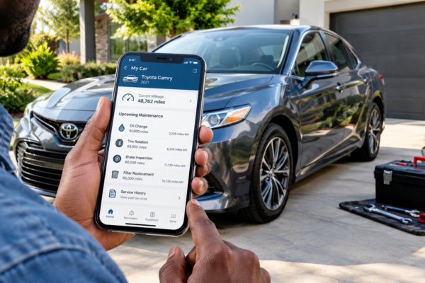 Car mileage tracking apps showing vehicle mileage and upcoming maintenance reminders